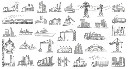 Construction site sketch featuring various buildings, cranes, and vehicles, black and white.