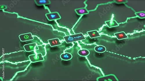 A futuristic video showcasing a complex network system with various interconnected nodes and lines on a dark background