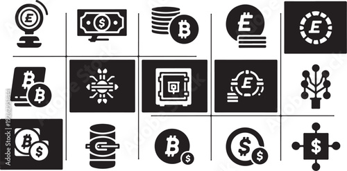 Cryptocurrency and finance icons in black and white design