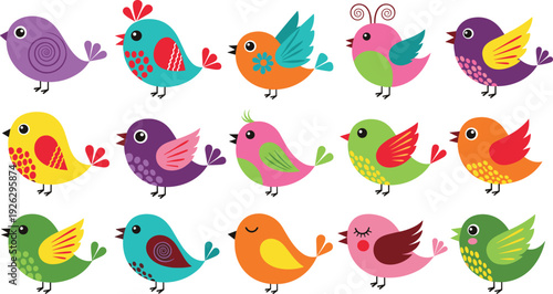 Colorful vector collection of cute cartoon birds with decorative patterns and vibrant feathers isolated on white background for nursery decor and spring designs.