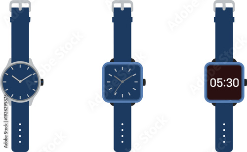Wristwatch vector illustration, analog and digital timepieces, round and square watch faces, blue strap design collection, modern clock icons, stylish timekeeping showcase