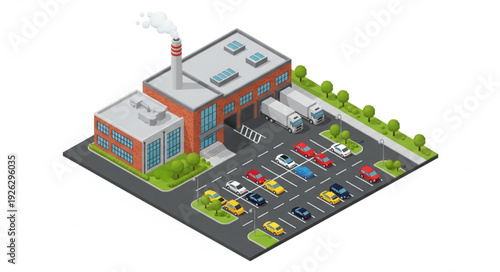 Isometric Factory Building with Parking Lot.