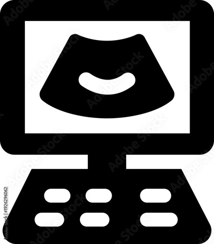 Xray machine medical equipment icon in black flat style featuring radiology, scanner, imaging, diagnostic, hospital technology and healthcare synonym elements for clinic desi