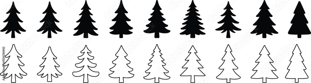 Obraz premium Two rows of black silhouette and outline pine trees on white Keywords: pine tree, fir tree, evergreen, forest, nature