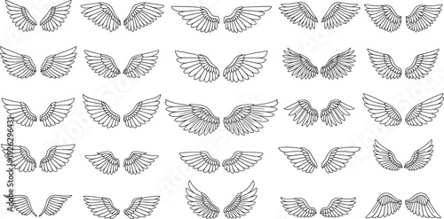 Large minimalist wing icon collection featuring various feather span shapes and bird wing silhouettes in black line art style vector isolated.
