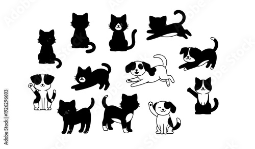Cute cartoon cats and dogs flat vector collection with playful pet characters isolated on white background