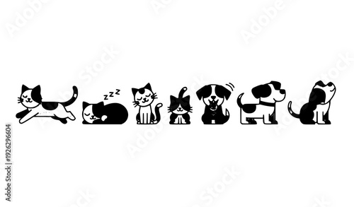 Adorable cartoon cats and dogs vector characters in playful action poses isolated on white