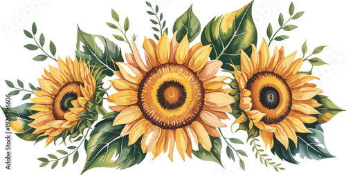 Watercolor Sunflower Arrangement with Green Leaves and Branches on White Background floral bouquet