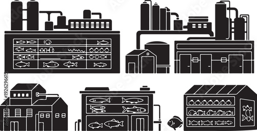 Industrial buildings and factories in black and white illustration