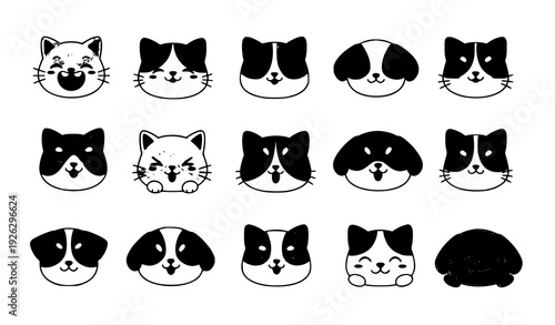 Kawaii cute cats and dogs vector set with funny pet characters isolated on white background