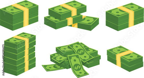 Stacks and bundles of paper money cash with yellow straps and loose dollar bills for finance business and investment vector illustration isolated.