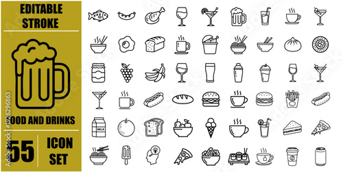Collection of fifty five food and drink outline icons in a grid layout