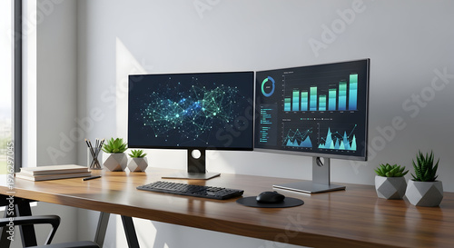 Modern office workspace with dual monitors on wooden desk