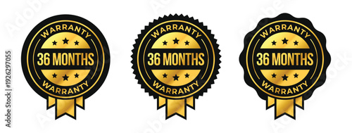 36 months warranty logo set with golden ribbon and stars in circle vector illustration. For icon, sign, symbol, badge, stamp, seal, label, shield, stickers, certificate, seal, lifetime, illustration