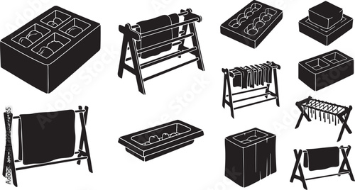 Various black and white illustrations of wooden folding furniture