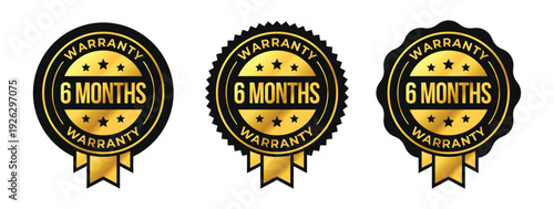 6 months warranty logo set with golden ribbon and stars in circle vector illustration. For icon, sign, symbol, badge, stamp, seal, label, shield, stickers, certificate, seal, lifetime, illustration