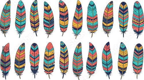 Bohemian patterned feather collection with tribal geometric designs and vibrant colors for ethnic decor and nature-inspired vector illustration.
