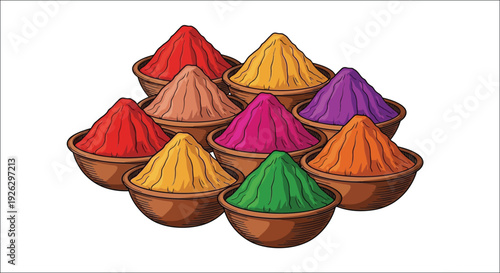 Colorful powder piles in bowls a vibrant and festive arrangement