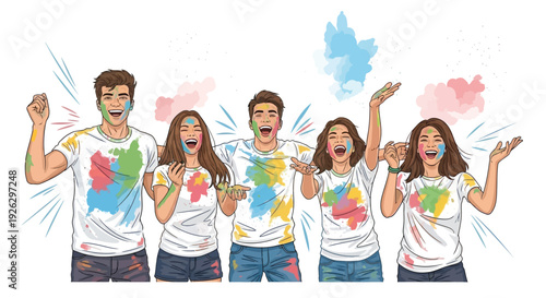 Joyful group celebrating with vibrant colored powders during a festive event