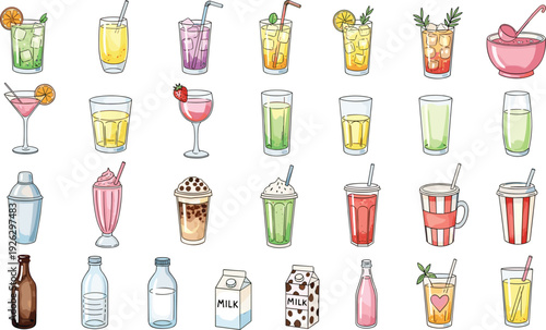 Comprehensive beverage vector set featuring cocktails with garnishes milkshakes fruit smoothies iced tea coffee milk cartons water bottles and soda for cafe menu design and summer drink illustration.