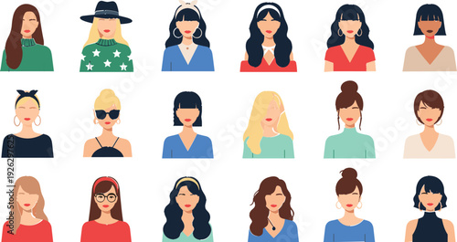 Stylish Women Character Icons with Different Hairstyles, Accessories, and Outfits