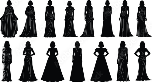 Black vector silhouette set of sixteen elegant women wearing diverse long evening gowns and formal dresses for fashion retail branding prom and gala advertising