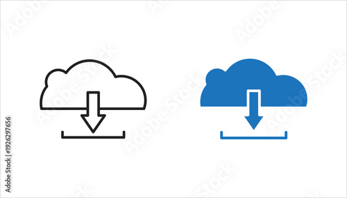 Cloud download outline icon with downward arrow. Editable stroke vector illustration for file download, cloud storage access, data transfer, and online services.