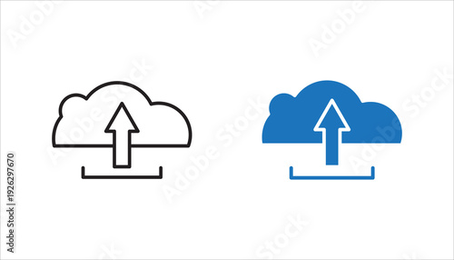 Cloud upload outline icon with upward arrow. Editable stroke vector illustration representing data transfer, backup, synchronization, and cloud computing services.