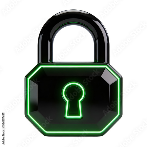A glossy black padlock with a vibrant neon green illuminated outline