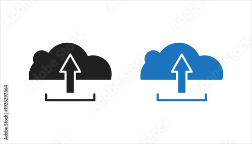 Cloud upload outline icon with upward arrow. Editable stroke vector illustration representing data transfer, backup, synchronization, and cloud computing services.