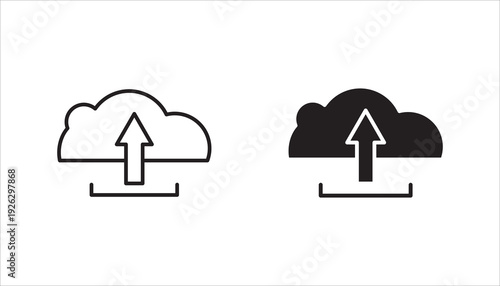 Cloud upload outline icon with upward arrow. Editable stroke vector illustration representing data transfer, backup, synchronization, and cloud computing services.