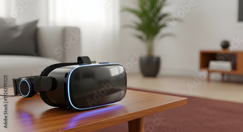 Virtual reality headset on a wooden coffee table indoors