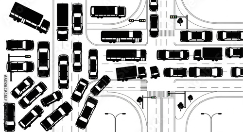 Traffic congestion at a busy intersection with various vehicles.