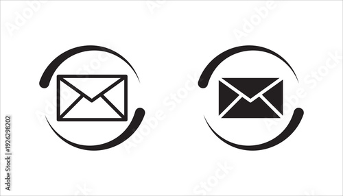 Modern email message icon featuring an envelope symbol surrounded by a circular arrow shape. Minimalist black line vector design isolated on white background, suitable for communication, inbox, send, 
