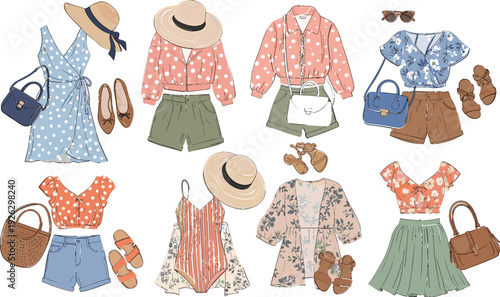 Trendy Summer Outfits Featuring Dresses, Tops, Shorts, Hats, and Accessories in Vibrant Patterns
