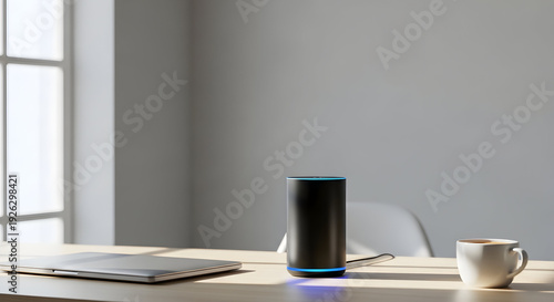 Smart speaker on a desk with laptop and coffee cup