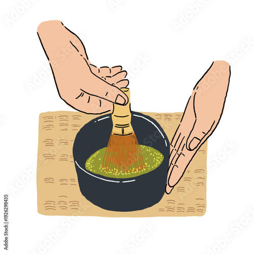 Matcha Tea ceremony Japanese culture Hand prepared Green tea powder whisk bowl Hand drawn Color illustration