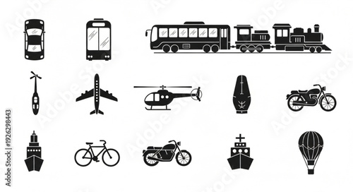 Collection of various transportation vehicles in black and white silhouette.