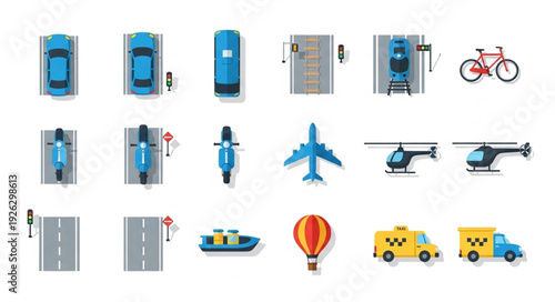 Collection of various transportation vehicles and modes of travel in a top-down view.