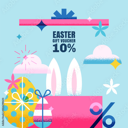 Easter present vector illustration. Open gift box with bunny ears and eggs. Sale banner, discount coupon, voucher design