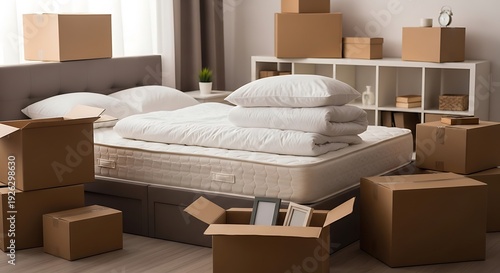 A cluttered bedroom with a bed surrounded by numerous cardboard boxes.