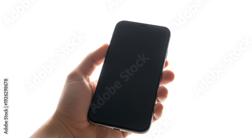 Hand holding a black smartphone isolated on white background