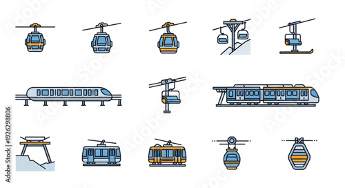 Various illustrations of different types of transportation vehicles, including cable cars and trains.