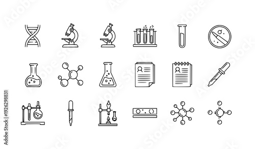 Editable medical lab line icon set with science, DNA, molecules, and research symbols