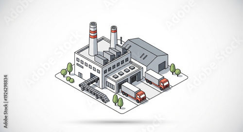 Isometric Factory Building with Trucks.