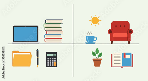 Creative vector illustrations depicting the convergence of AI, technology, and home office essentials with an emphasis on learning and relaxation