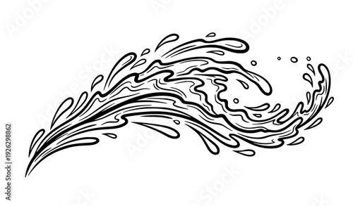 Decorative black and white dynamic water splash wave illustration isolated on transparent background