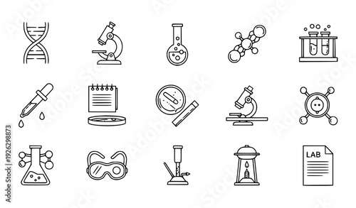 Creative editable medical lab line icons for science, DNA, molecules, and research experiments