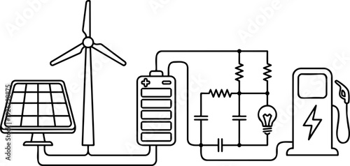 Line art vector of a renewable energy concept with a solar panel, wind turbine, battery, circuit, and EV charger