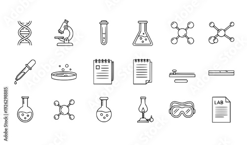 Creative editable medical lab line icons for science, DNA, molecules, and research experiments